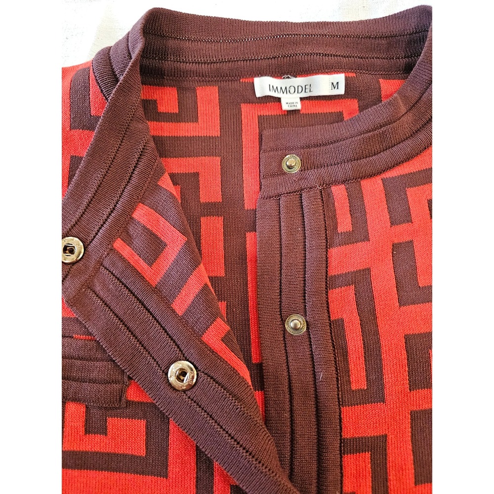 Orange Brown Designer Geometric Print Gold Button Front Cardigan Sweater Women M - Picture 7 of 8